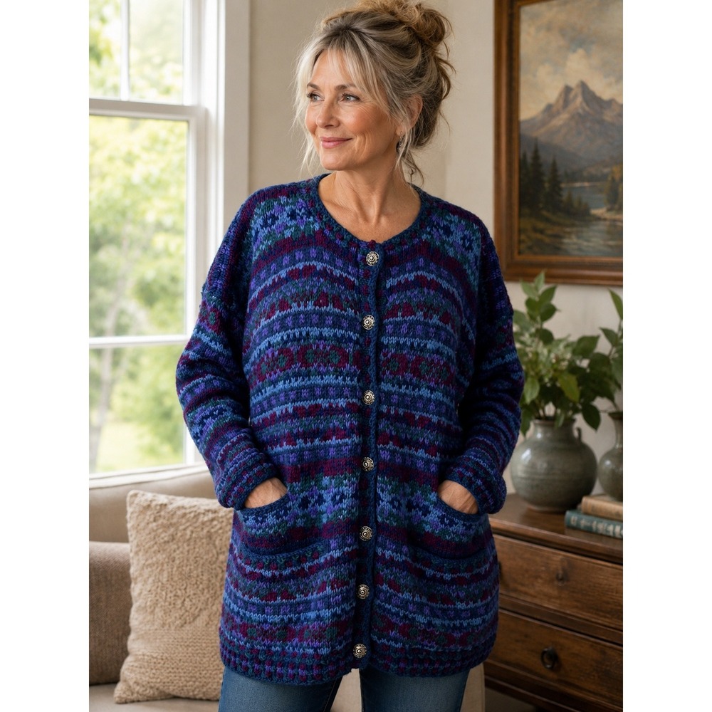 Lost Horizons Hand Knit Nepal 100% Wool Cardigan Blue Purple Fair Isle Sweater L